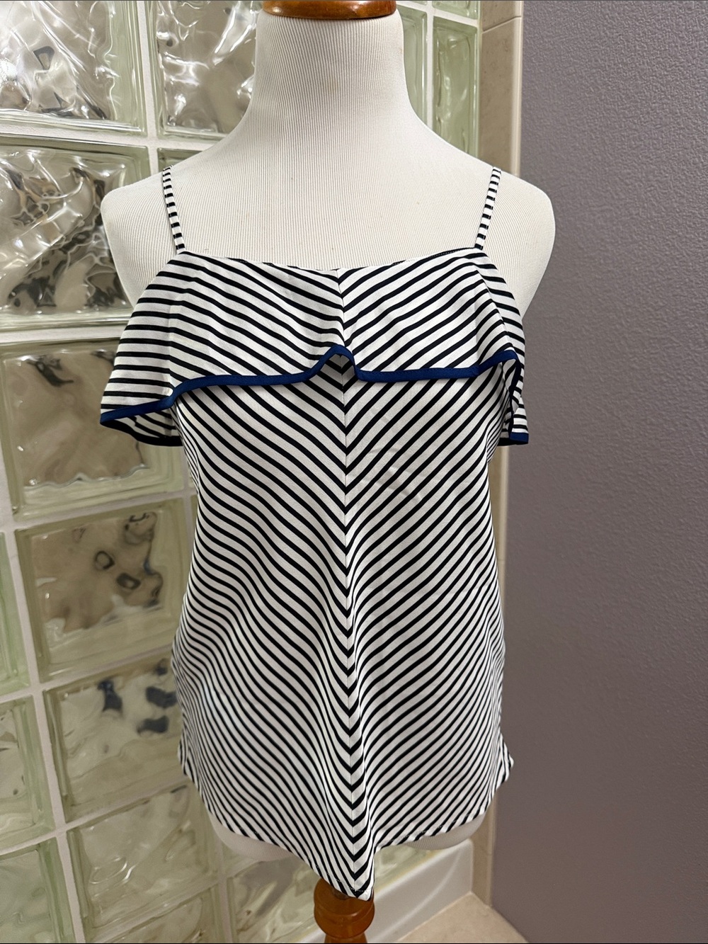 Ann Taylor Navy and White Striped Ruffle Camisole